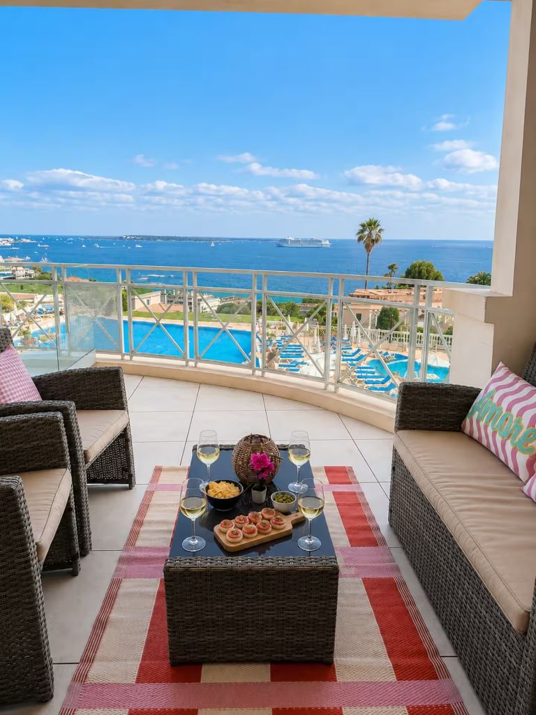 Aperçu de la vidéo de présentation de Blue View Cannes : le balcon vue mer et la piscine de la résidence Villa Francia