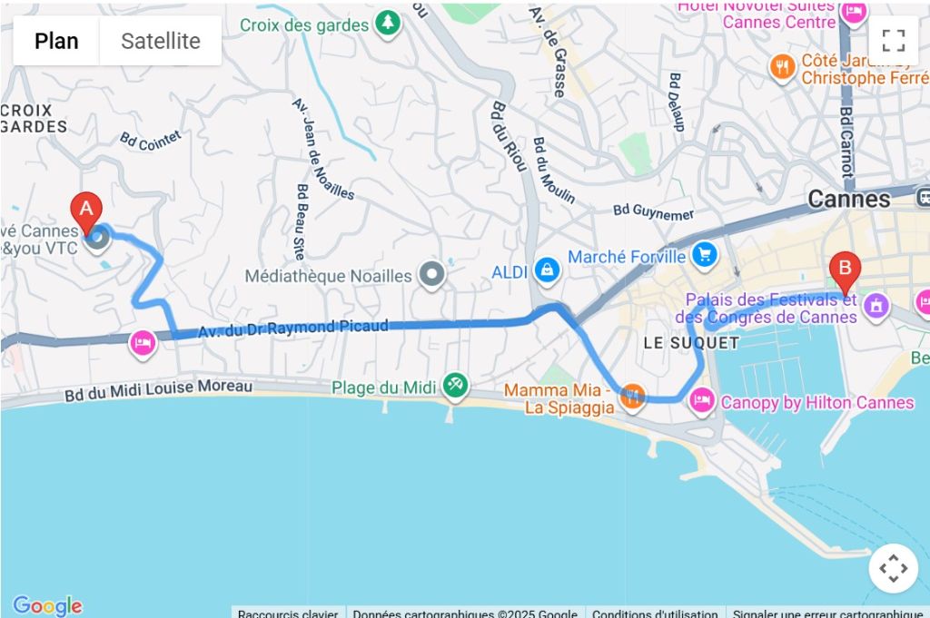 Plan du trajet de 2,9 km entre la résidence Villa Francia (point A) et le Palais des Festivals et des Congrès de Cannes (point B), le long du littoral cannois