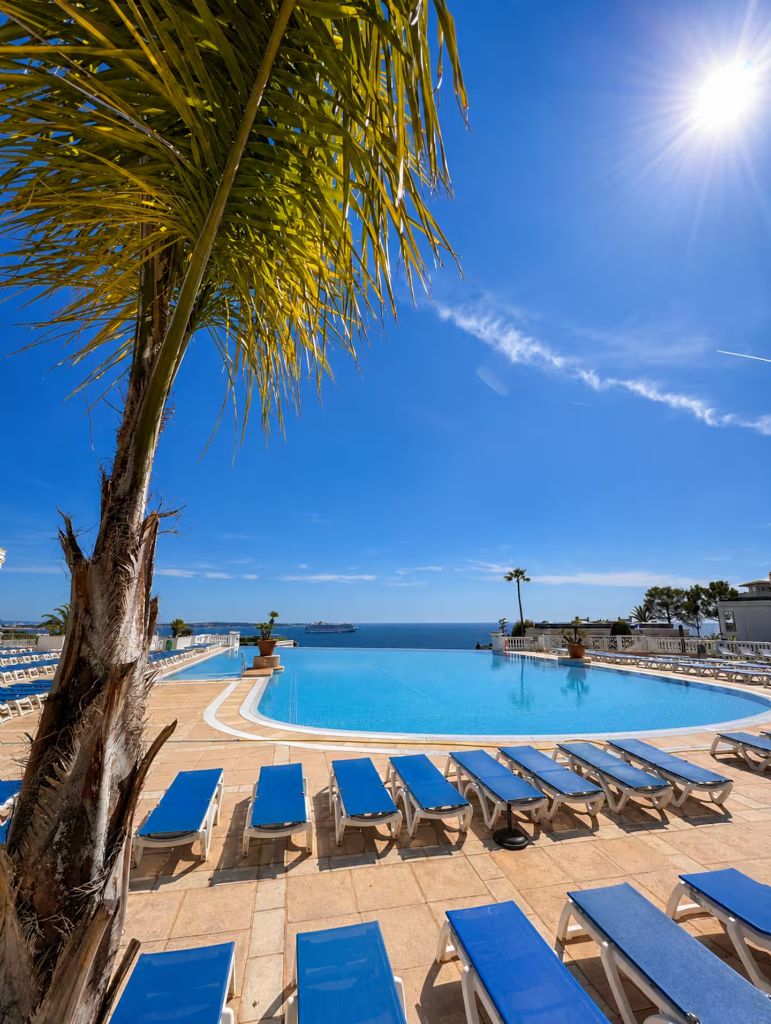 Piscine de la résidence Villa Francia bordée de transats, sous un palmier, face à la mer